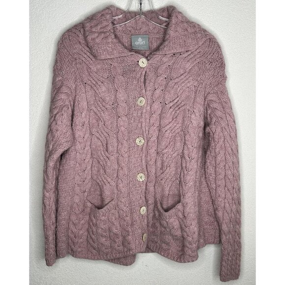Aran Woollen Mills Sweater Womens Large Pink Merino Cable Knit Cardigan Ireland - Picture 2 of 13